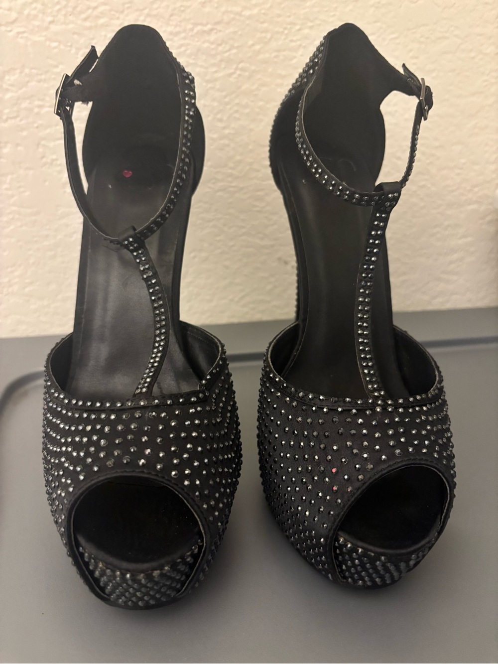 Black T-Strap Peep Toe Heels with Stud Accents